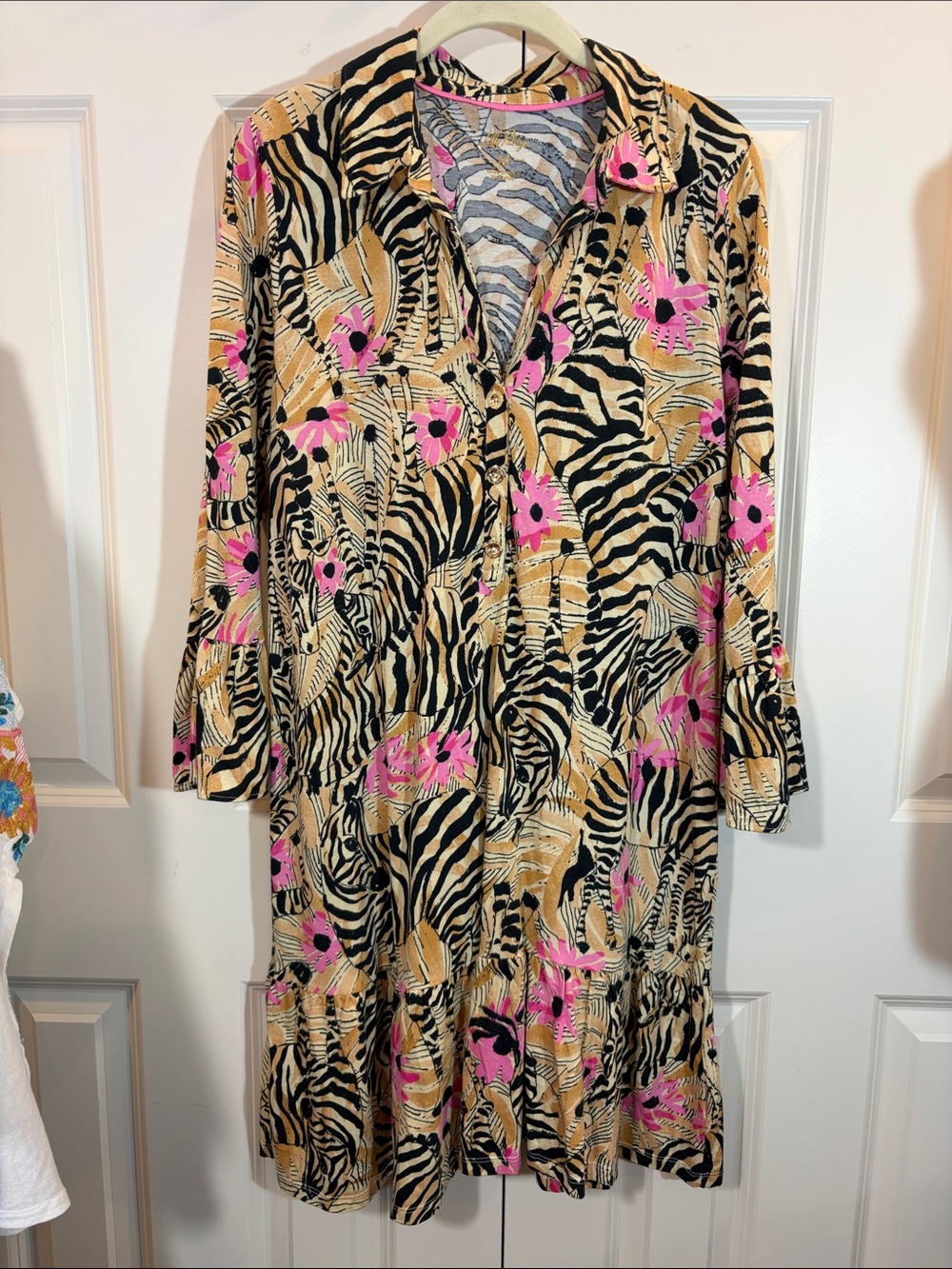 Lilly Pulitzer Pink & Tan Zebra-Print Long Sleeve Shirt Dress